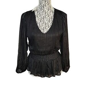 JON & ANNA Blouse‎ Smocked Waist Long Sleeve V Neck Top Officecore sexy luxury